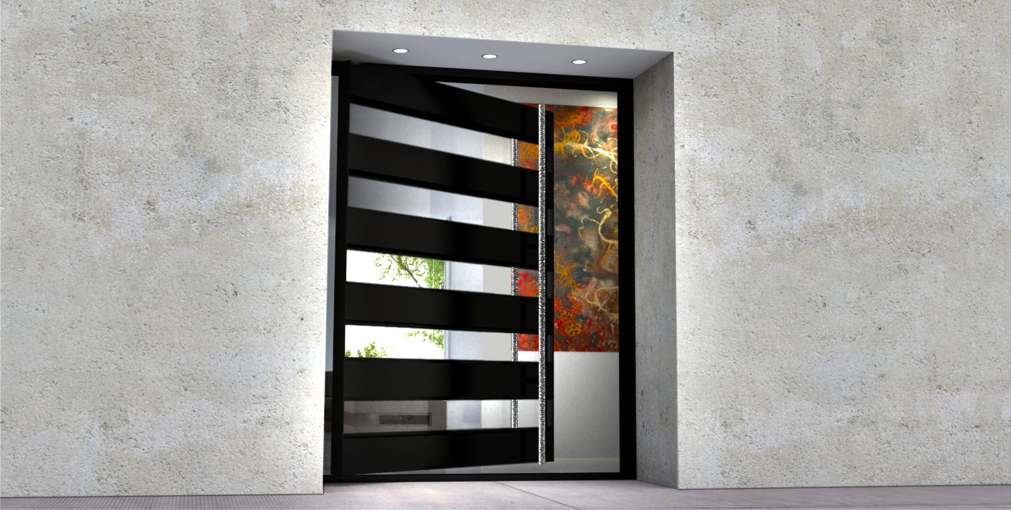 black modern front door made of glass and metal with round handmade custom design door handles