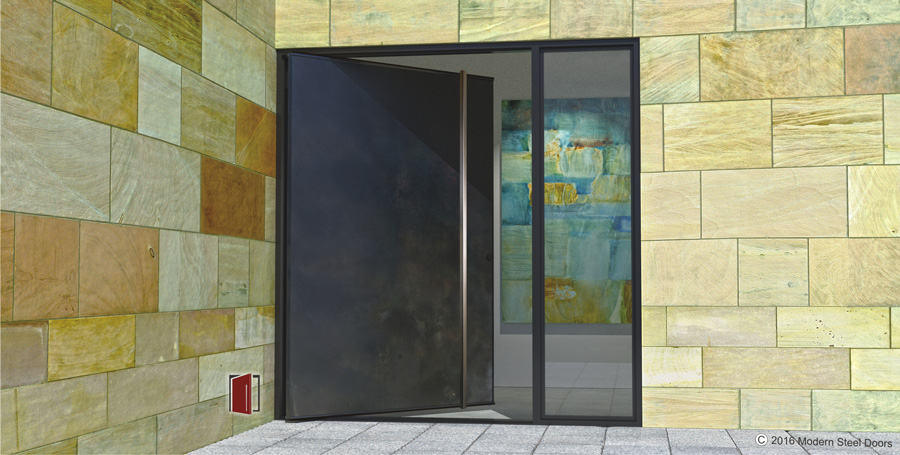 contemporary pivot exterior door made of metal with square brushed stainless steel door pulls and sidelight