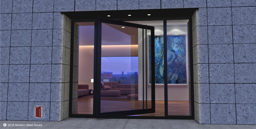 modern exterior single pivot door made of glass and metal with round black full length door hardware and sidelights